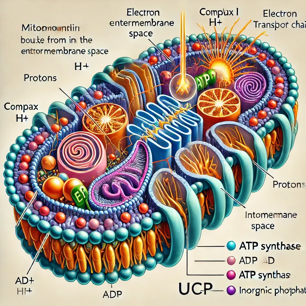 DALL·E 2024-07-21 15.16.47 - A detailed illustration of mitochondrial uncoupling. The mitochondrion has a double membrane structure with a smooth outer membrane and a folded inner.webp